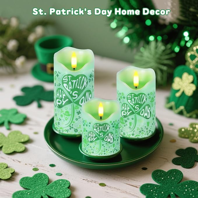 Flameless Candles Lights, Set of 3 Flickering St. Patrick's Day Pillar Candles with Remote & Timer, Dimmable Real Wax Shamrock LED Candles Battery Operated for Home St. Patrick's Day Decor (Clover)