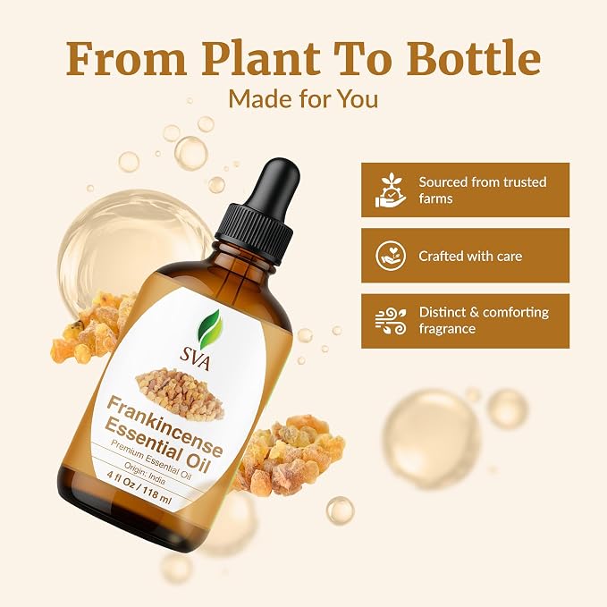 SVA Frankincense Essential Oil – 4 Fl Oz – for Diffuser, Skin & Hair Care – Ideal for Aromatherapy, Massage & DIY Blends – with Dropper