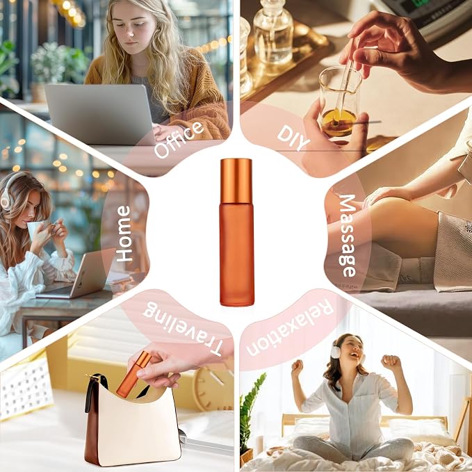 Kesell Glass Roll on Bottle, 10ml Refillable Essential Oil Roller Bottle with Stianless Steel Ball, Pack of 10 (Orange)