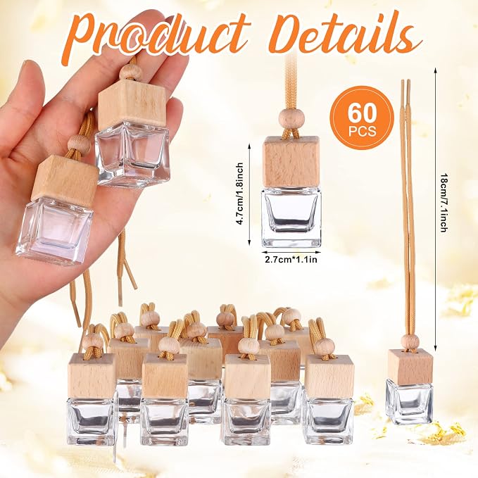 60 Pcs Hanging Car Air Freshener Car Diffuser Bottle Empty Glass Perfume Bottles Air Freshener Diffuser Bottle Pendant for Essential Oils Fragrance Aromatherapy Ornament Decor (Fresh Style)