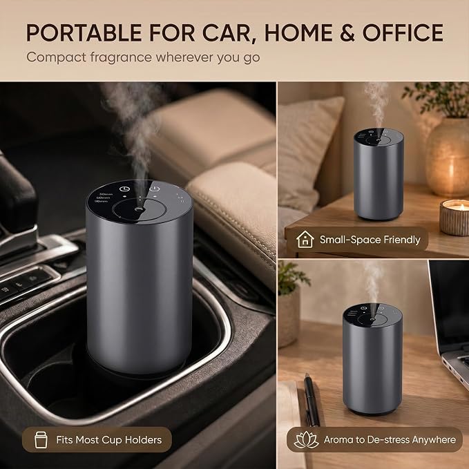 Oxdigi Waterless Essential Oil Diffuser, Portable Scent Air Machine with Timer & 3 Mist Modes for Home, Car, Office, Bedroom and Hotel, Grey