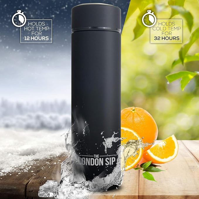the London Sip Multi-Purpose Travel Mug and Tumbler Fruit Infused Flask Hot and Cold Double Wall Stainless Steel Thermos with Extra-Long Infuser, Zen Black, Pack of 2