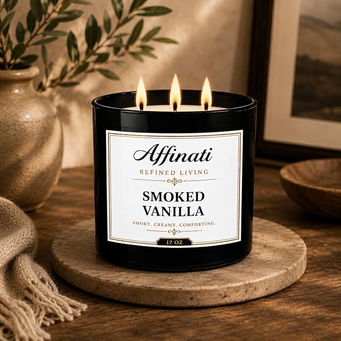 Affinati Smoked Vanilla 3 Wick Scented Candle – Large Soy Blend Candle, Strong Scent Throw Rich Warm Cozy Fireside Gourmand Candle, Premium Clean Burning Home Fragrance