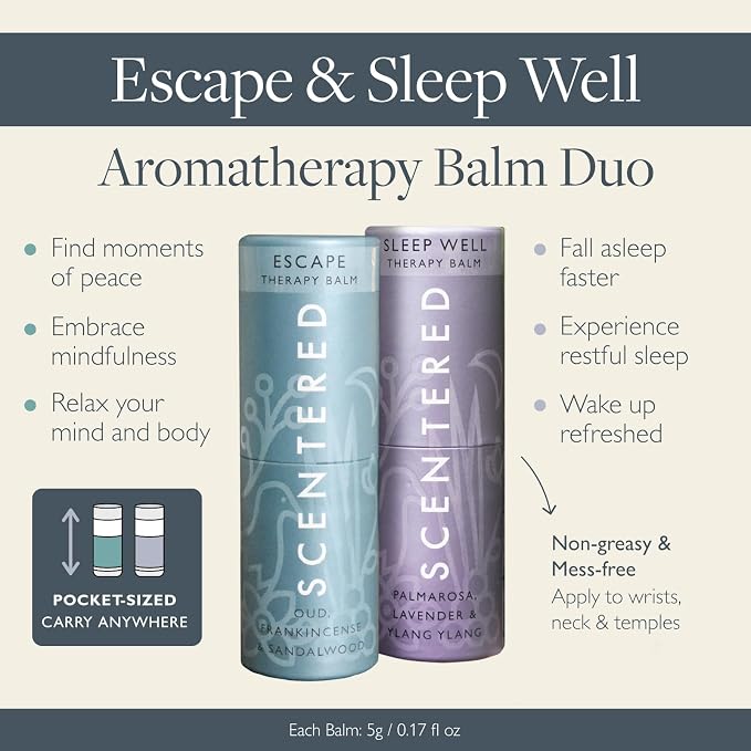 Scentered Aromatherapy Balm Sticks for Sleep & Meditation - Roll On Essential Oil Blends of Oud, Lavender, Ylang Ylang - Aromatherapy Gifts for Women - Sleep Well & Escape