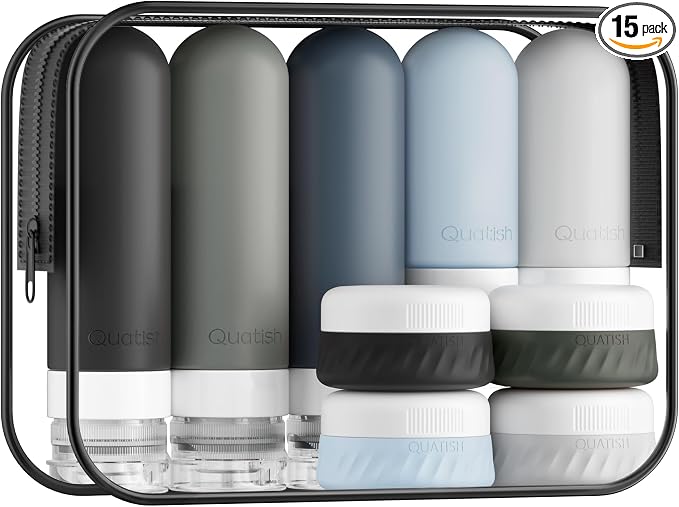 Quatish 15 Pack Travel Bottles for Toiletries, Original Patented, TSA Approved Travel Size Containers, Leak Proof Silicone Shampoo and Conditioner Bottles Women & Men, Airplane Essentials, Black