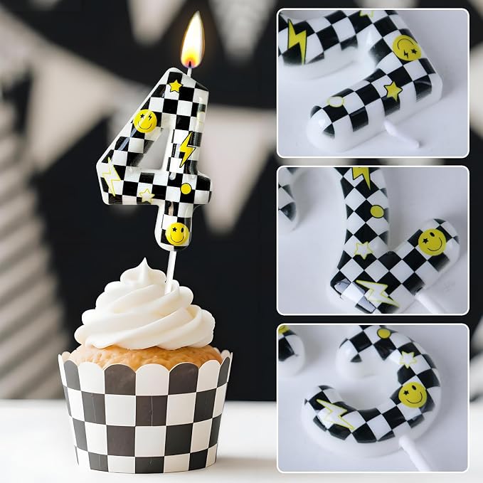 Number 4 Birthday Candle for Cake – Black White Checkered Smiley Design with Lightning & Star – Four Happy Dudes Theme Cake Topper for Birthday Party Decorations