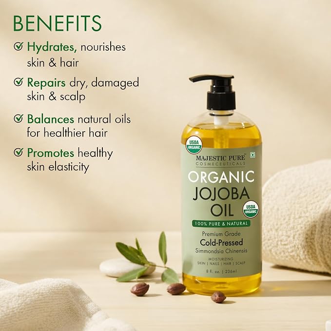 Majestic Pure Oil - 100% Pure and Natural- Cold Pressed & Hexane Free Natural Hair Growth Oil for Eyelashes, Eyebrows, Skin, Body, Face, Nails & Scalp - USDA Organic Jojoba Oil 8 Fl Oz