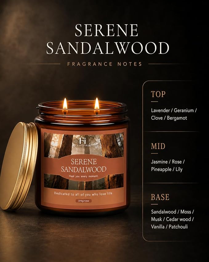 Sandalwood Scented Candles, 13 oz Soy Wax Candle with Cotton Wick, 76-Hour Clean Burning, Non-Toxic Woodsy Scent for Relaxation & Focus, Aromatherapy Candle, Housewarming Gift