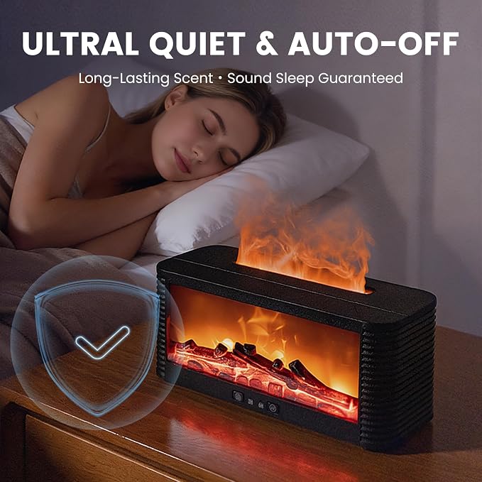 Flame Essential Oil Diffuser, 250ml Aromatherapy Humidifier with 9-Color Fireplace Light, Ultra-Quiet Cool Mist Maker, Remote, Timer, Auto-Off for Home, Office, Bedroom, Gift (Black)