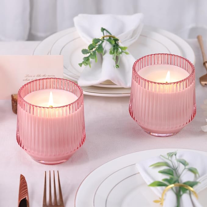 simeitol 13 OZ Pink Large Candle Jars for Making Candles - 6 Pack Glass Candle Jars Bulk with Vertical Striped, Candle Vessels with Bamboo Lids and Candle Wick Kit, for DIY, Home & Mother's Day
