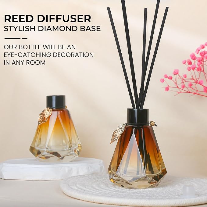 Reed Diffuser Set - 4 Empty Bottles with 20 Sticks, Delicate Gold Leaf Decor, Glass Fragrance Diffuser with Lids for Home, Bathroom | Refillable, Diamond Style (4 PCS Black)