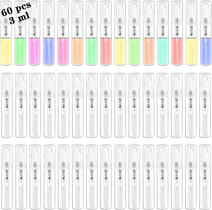 Mini Spray Bottle, Clear Plastic Empty Sample Containers, Fine Mist Perfume Travel Refillable Spray Bottle Perfume Atomizer Small Portable Bottle for Cleaning, Travel, Essential Oils(60, 3ml)