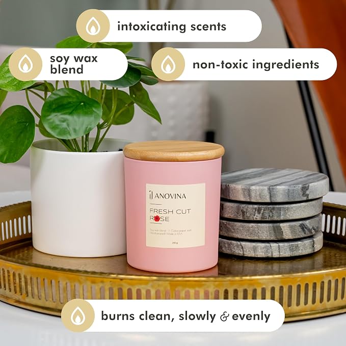 Anovina Rose Scented Candle – Long-Lasting Soy Wax Blend, – Non-Toxic Floral Candle for Home Décor & Relaxation – Aesthetic Gift for Women