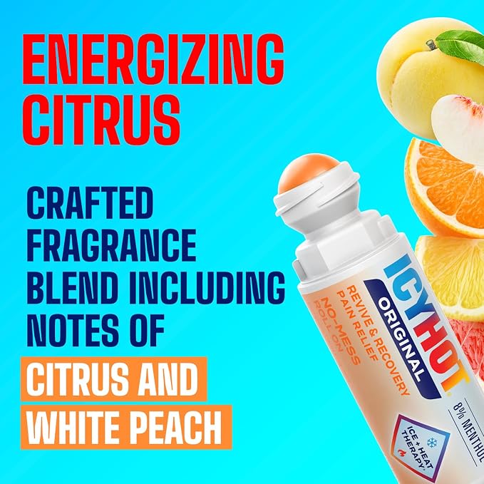 Icy Hot Original Pain Relief Revive & Recovery No-Mess Roll-On Applicator, Fast-Acting Pain Relief with 8% Menthol for Backaches, Joints, Muscle Strains and Arthritis, Energizing Citrus, 2 oz