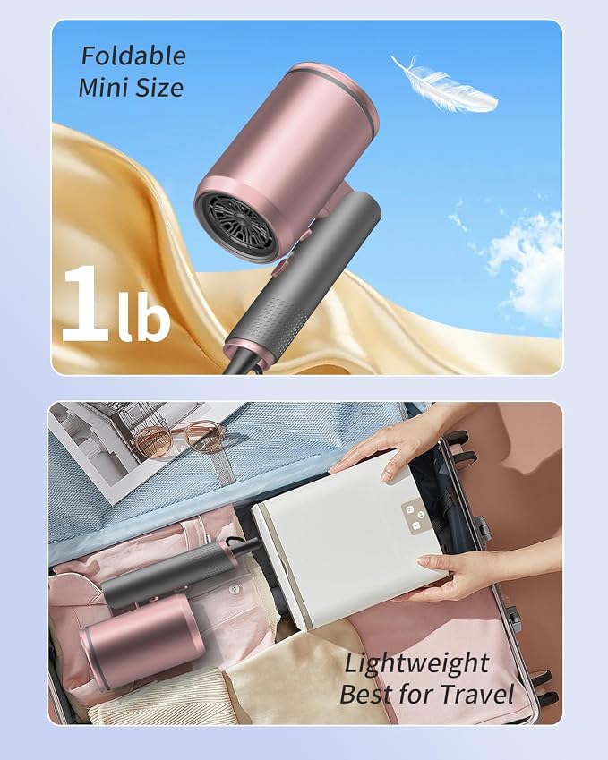 Foldable Portable Ionic Hair Dryer 1600W - Compact Mini Blow Dryer with Diffuser, Concentrator & Comb Nozzle, Intelligent Temperature Control, Low Noise for Home, Salon & Travel (PinkGrey)