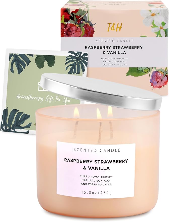 Raspberry Strawberry Vanilla 3-Wick Scented Soy Candle 15.8 oz | Large Sweet Berry Vanilla Scented Candle for Home | Relaxing Aromatherapy Candle | Strong Throw & Long Lasting