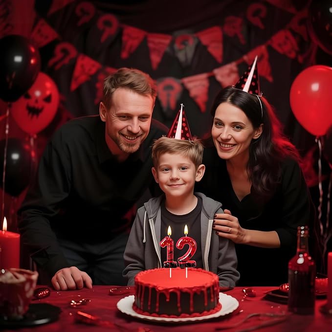Red Number 2 Birthday Candle for Cake – Dark Horror Style with Alphabet Print & Shadow Design – Unique Cake Topper for Birthday, Anniversary, Themed Party Decoration