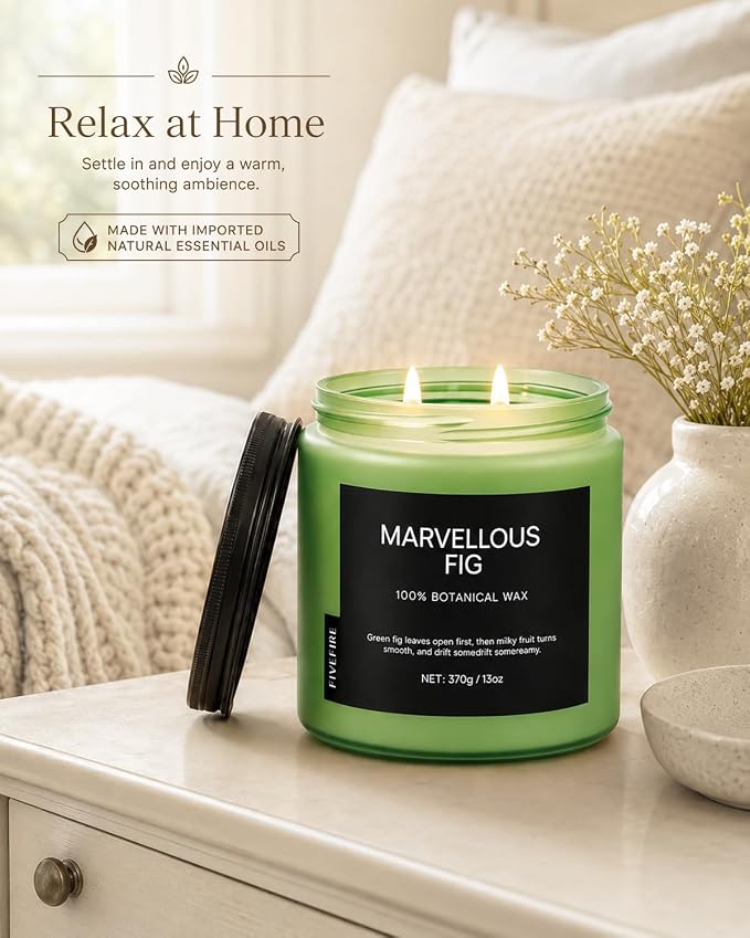 Fig Tree Home Scented Candles, 13oz Organic Soy Wax, 76-Hour Clean Burning, Natural Candles Non Toxic, Earthy & Fruity Scent for Relaxation, Aromatherapy Housewarming Candle for Men Women