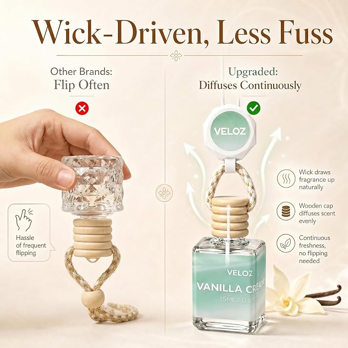 Vanilla Mist Hanging Car Air Freshener Diffuser, 15ml Reed Wick Essential Oil Bottle with Adjustable Rearview Mirror Clip, Long-Lasting Car Scent for Cars SUVs Trucks