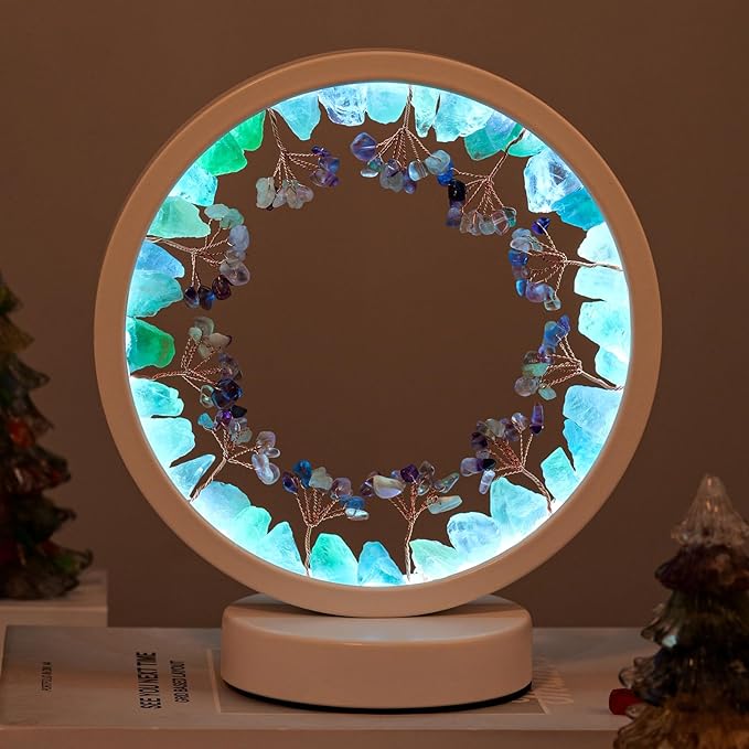 Runyangshi Natural Crystal Green Fluorite Small Tree Round White Frame Tri-Color Ambient Light Home Decoration Night Light Gift for Women