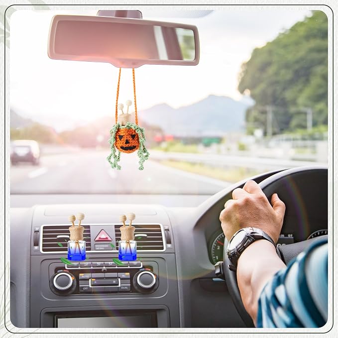 Leelosp 7 Pcs Nightmare Decoration Christmas Pumpkin Crochet Hanging Car Air Freshener with Empty Refillable Essential Oil Diffuser Bottle Clip Knitted Handmade Car Interior Ornament (8 ml, Pumpkin)
