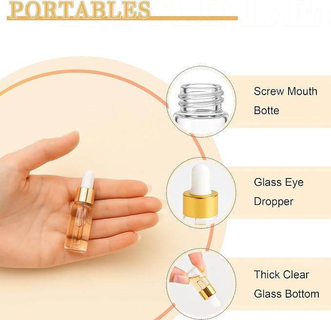10pcs Mini Glass Dropper Bottle for Essential Oil,1ml Small Clear Sample Dropper Vails with Gold Cap,Perfume Cosmetic Liquid Containers for Traveling (5ml, 10)