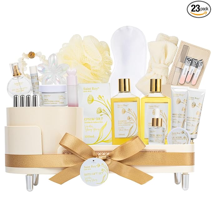 23 Pcs Bath & Body Gift Basket, Face Skin Care Kit, Spa Gift Set, Home Spa | VANILLA & YLANG YLANG Spa Gift Basket for Women, Lip Self-Care Relaxation Gift, Birthday, Christmas, Valentines, Anniversary