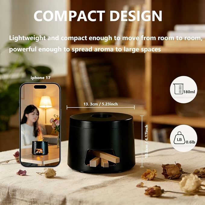 180ml Quiet Aromatherapy Diffuser, Ultrasonic Essential Oil Humidifier with Auto Shut-Off & 7-Color Flame Light for Home Bedroom Living Room Kitchen (Black)