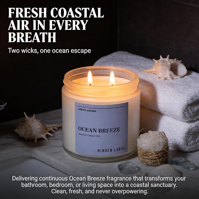 Hidden Label Ocean Breeze Soy Candle, 12oz 2-Wick, Coastal Fresh | Non-Toxic Natural Wax, Paraben & Phthalate-Free, Clean Burn | Elegant Decor & Gift-Ready | Stress Relief & Mental Clarity