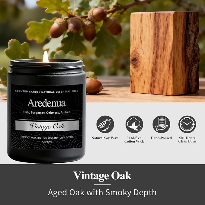 Vintage Oak Candle | Manly Scented Candles for Home, Fathers Day Candle Gift for Dad - 7oz Soy Candles for Home Scented, 50 Hours Clean Burn Long Lasting, Aromatherapy Gifts for Men & Dad or Husband