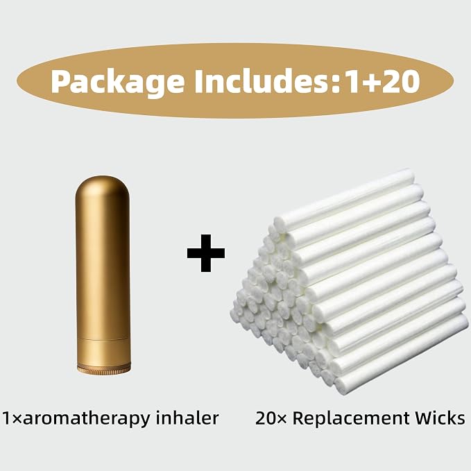 Aromatherapy Inhaler, Metal Essential Oil Diffuser with Leak-Proof Seal & Cotton Wick Holder, Refillable Nasal Stick for Anxiety, Allergies, Travel - 20 Wicks, Gold