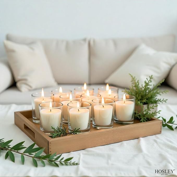 Hosley Set of 12 White Unscented Votive Candles in Clear Glass Holders - Hand Poured Soy Wax, 10-12 Hour Burn Time for Weddings & Home Decor
