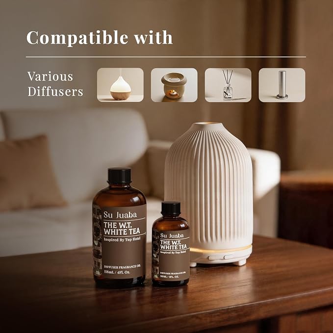 SU JUABA White Tea Hotel Diffuser Oil - Inspired by Westin - Luxury Scent for Essential Oil Diffuser for Home & Car, Crafting, Long-Lasting & Vegan, 4 Fl Oz
