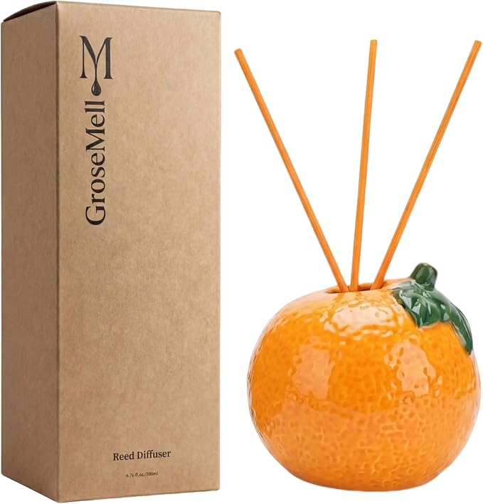 Sweet Natural Orange Scented Reed Diffuser Set – 6.76 fl oz (200ml) with Sticks, Creative Orange-Shaped Ceramic Design for Home, Bedroom & Bathroom Decor, Long Lasting Aromatherapy Gift