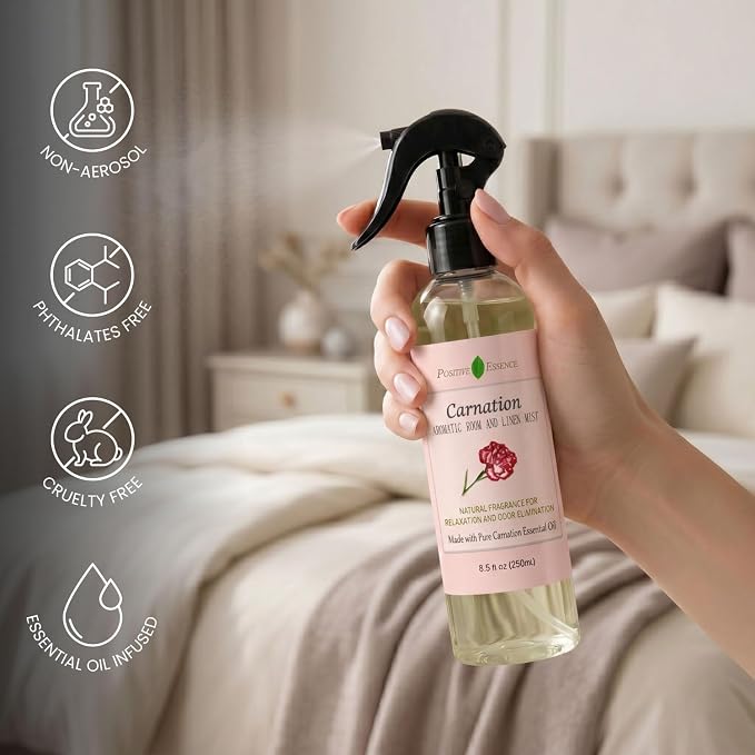 Carnation Linen & Room Spray, Natural Aromatic Bathroom Spray Made with Pure Essential Oils, Refreshing Home Fragrance