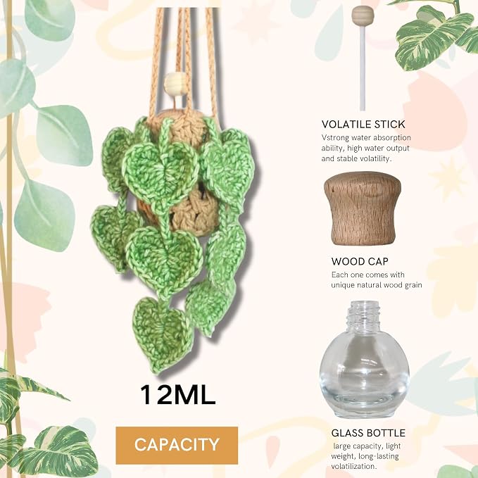 ROFIGL Handmade Crochet Hanging Car Air Freshener- Lifelike Green Pothos for Hanging with 12ml Thick Refillable Glass Diffuser Bottle, Suitable Decor for Car Rearview Mirror, Home & Wellness Spaces