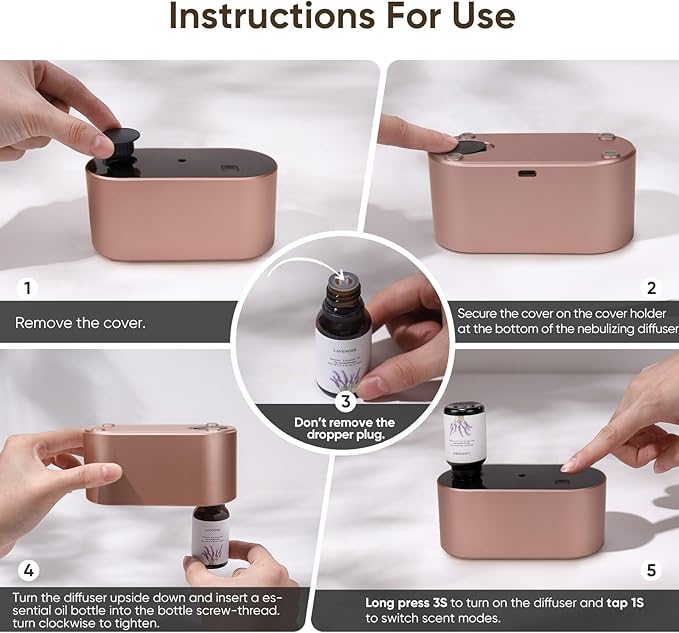 Lecdura Waterless Diffuser for Essential Oil, Battery Operated Scent Air Aromatherapy Diffuser, Mini Aroma Diffusers with 3 Intermittent Mist Modes, Cycle Start for Home Office Bedroom - Rose Gold