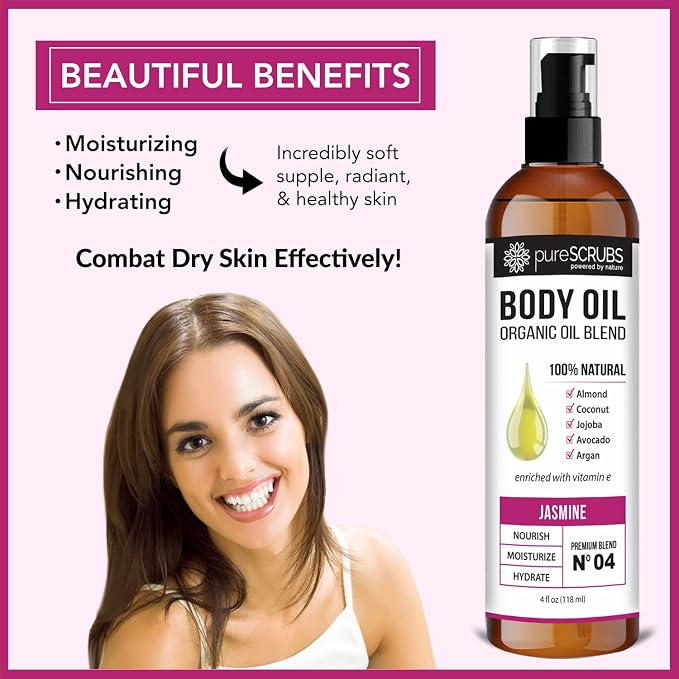 pureSCRUBS Ultra Moisturizing Jasmine Body Oil for Dry Skin, Lightweight Full Body Moisturizer for Soft, Silky Skin, Massage & Cuticle Oil, Vitamin E Enriched, 4 oz