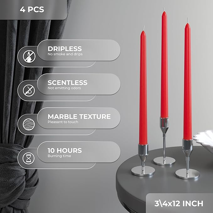 CANDWAX 12 inch Red Taper Candles Set of 4 - Dripless and Long Burning Candlesticks - Perfect as Red Long Candlesticks for Dinner or Holiday Home Decor - Taper Candle Sticks