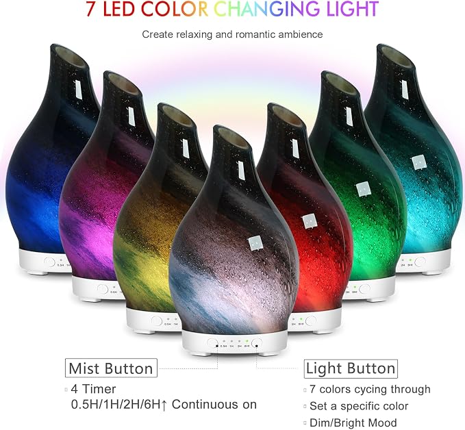 Aromatherapy Essential Oil Diffuser for Home- 150ml Art Glass Diffuser for Essential Oils with Waterless Auto Shut-Off 4 Timer 7 Colors LED Night Light for Home Office Decor Gifts for Women