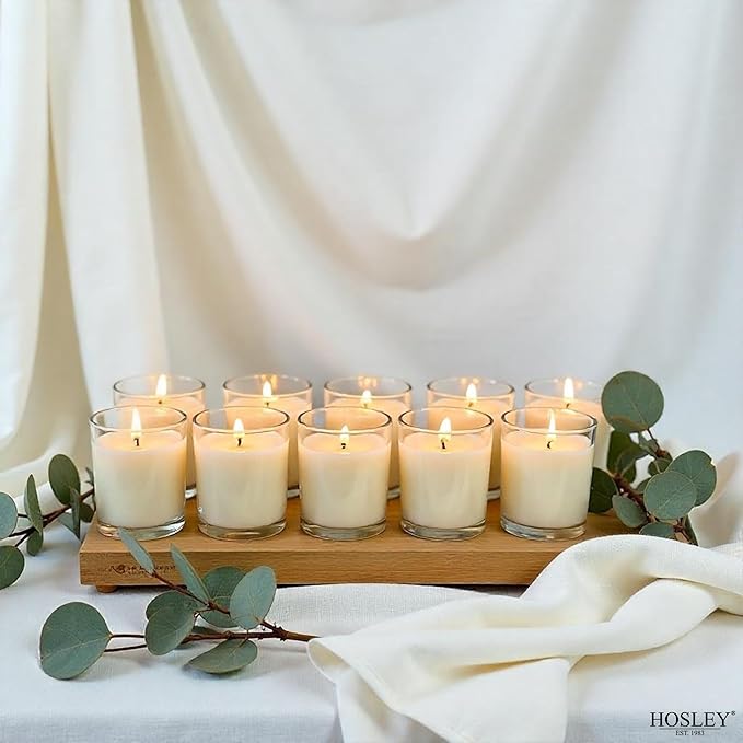 Hosley 48 Pack White Unscented Votive Candles, Clear Glass, Hand-Poured Wax, Bulk Wedding & Party Candles for Gifts, Tables, Aromatherapy & Holidays Party Weddings Birthdays (White)