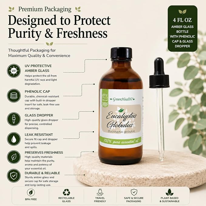 GreenHealth Eucalyptus Essential Oil – 2 Pack (4 fl oz Each) – 100% Pure & Natural – Aromatherapy Oil for Diffuser, Cleaning, and Home Fragrance – Amber Glass Bottle with Glass Dropper