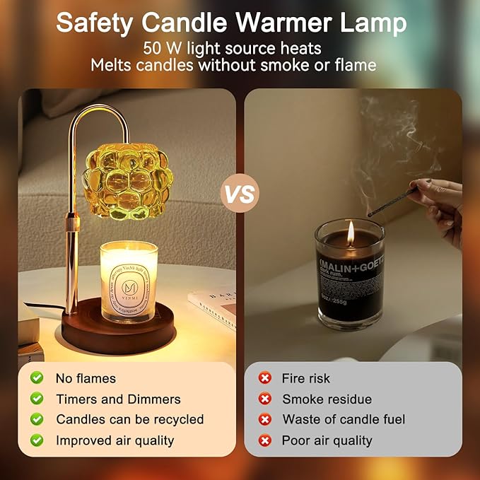 Candle Warmer Lamp with Timer Adjustable - Height Candle Warmer, Dimmer, Vintage Glass Wax Melting Lamps for Home Decor, for Candles in Jars with 2 Bulbs
