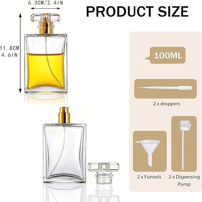 YU FENG Glass Perfume Spray Bottle Set, Refillable Fine Mist Atomizer for Fragrance, Travel & Home Use – Square Glass, Gold Cap, 100ML, 2 Pack