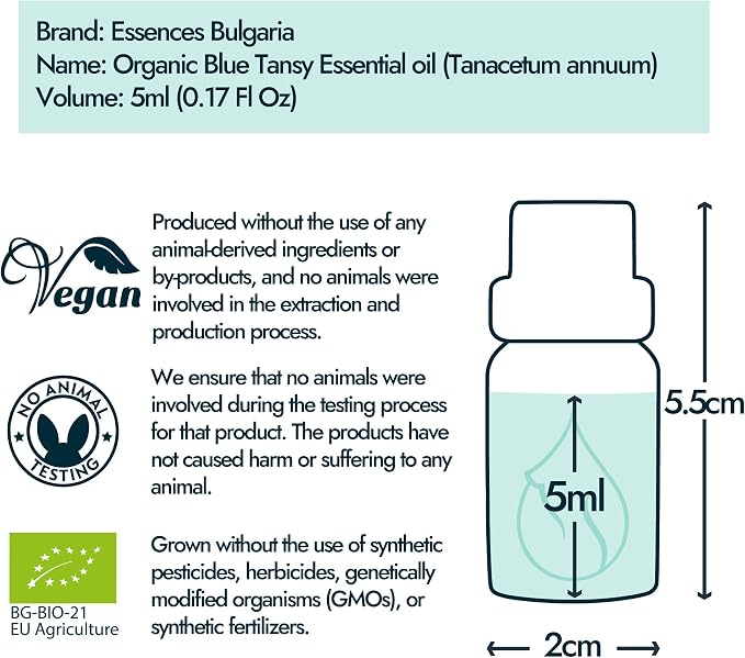 Essences Bulgaria Organic Blue Tansy Essential Oil 0.17 Fl Oz | 5ml | Tanacetum annuum | 100% Pure | Natural | Undiluted | Therapeutic Grade | Aromatherapy | Cosmetics | Cruelty Free | Non-GMO | Vegan