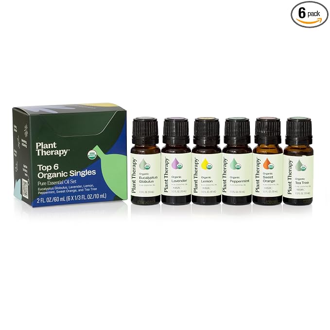Plant Therapy Top 6 USDA Organic Essential Oil Set - Lavender, Peppermint, Eucalyptus, Lemon, Tea Tree 100% Pure, Natural Aromatherapy, for Diffusion & Topical Use, Therapeutic Grade 10 mL (1/3 oz)