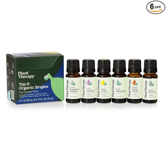 Plant Therapy Top 6 USDA Organic Essential Oil Set - Lavender, Peppermint, Eucalyptus, Lemon, Tea Tree 100% Pure, Natural Aromatherapy, for Diffusion & Topical Use, Therapeutic Grade 10 mL (1/3 oz)