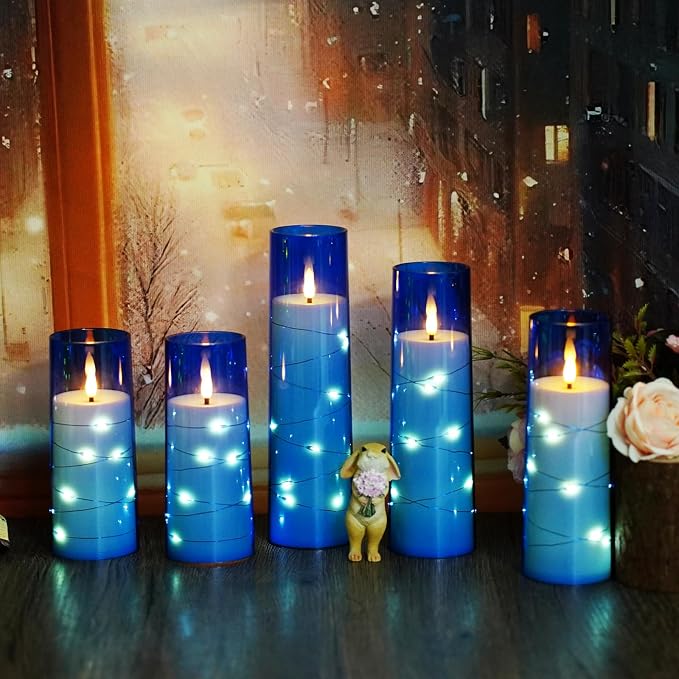 kakoya Flameless LED Candles with Timer 5 Pc Flickering Flameless Candles for Romantic Ambiance and Home Decoration Stable Acrylic Shell,with Embedded Star String，Battery Operated Candles（Blue）