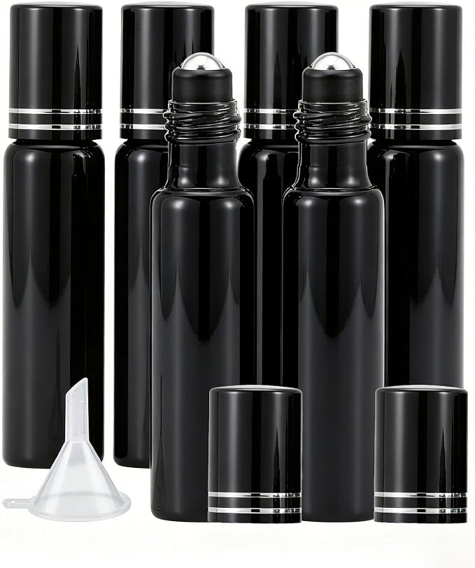 Kesell 10ml Black Glass Roller Bottles 6Pack, Essential Oil Roller Bottles with Funnel & Stainless Steel Roller Ball Applicator, Small Glass Vials for Perfume, Massage Oil, Refillable Travel Container