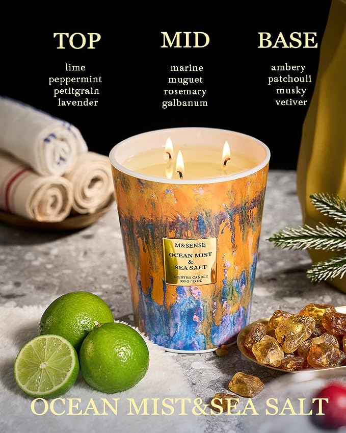 M&SENSE Large 3-Wick Ocean Scented Soy Candle, 35oz | 150 Hours, Non-Toxic, Fresh Summer Spa Home Fragrance, Decorative Relaxing, Home Decor
